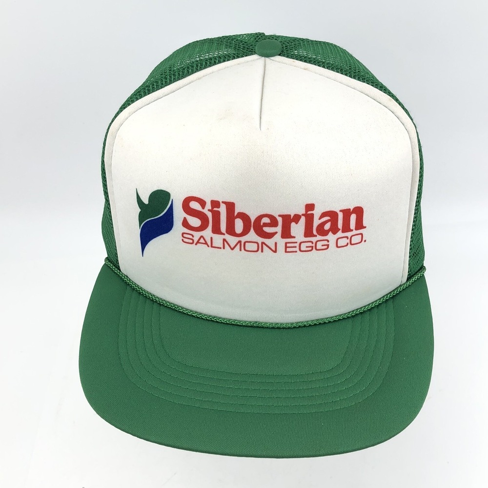 Vintage Trucker Hat Cap Snap Back Green White Siberian Salmon Fishing Lures 80s